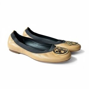 ▶️ Tory Burch ◀️ Caroline Ballet Flat Sand Gold/ Black logo flat shoes 8.5